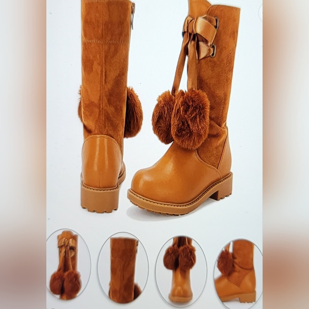 NIB COUTGO BOOTS MIDCALF LUG SOLE  SIDE ZIPPER BOW KNOT POM POM GIRLS SI… - Picture 4 of 11
